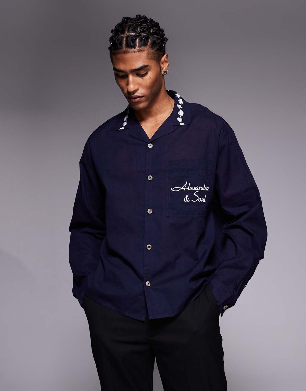 ASOS DESIGN revere shirt with placement print and embroidery in black
