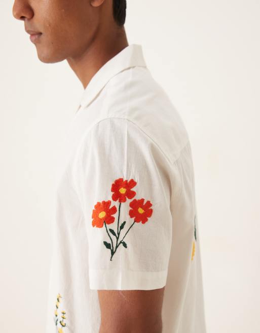 ASOS DESIGN revere shirt with placement print in cream
