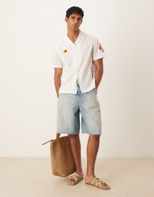 ASOS DESIGN revere shirt with placement print in cream