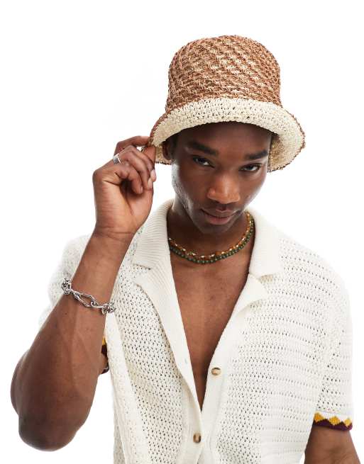  ASOS DESIGN reversable bucket hat in neutral straw mix