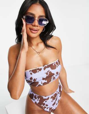 ASOS DESIGN reversible bandeau bikini top in cow print-Multi