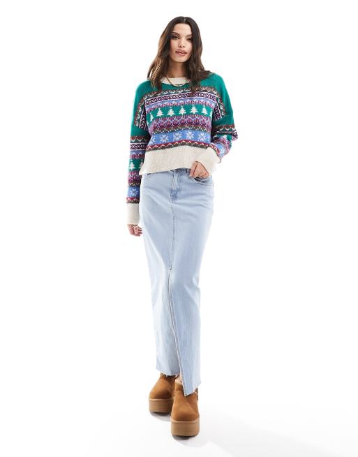 Christmas jumper shop denim skirt