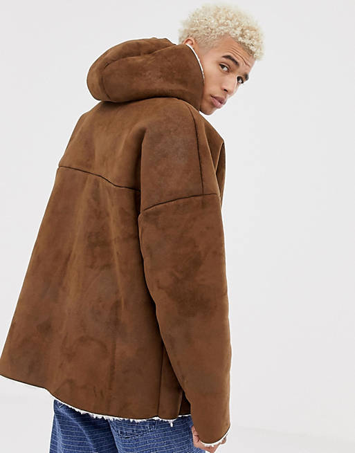 ASOS DESIGN reversible faux shearling jacket with hood in tan