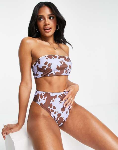 ASOS DESIGN reversible high leg high waist bikini bottom in cow print  - view 1