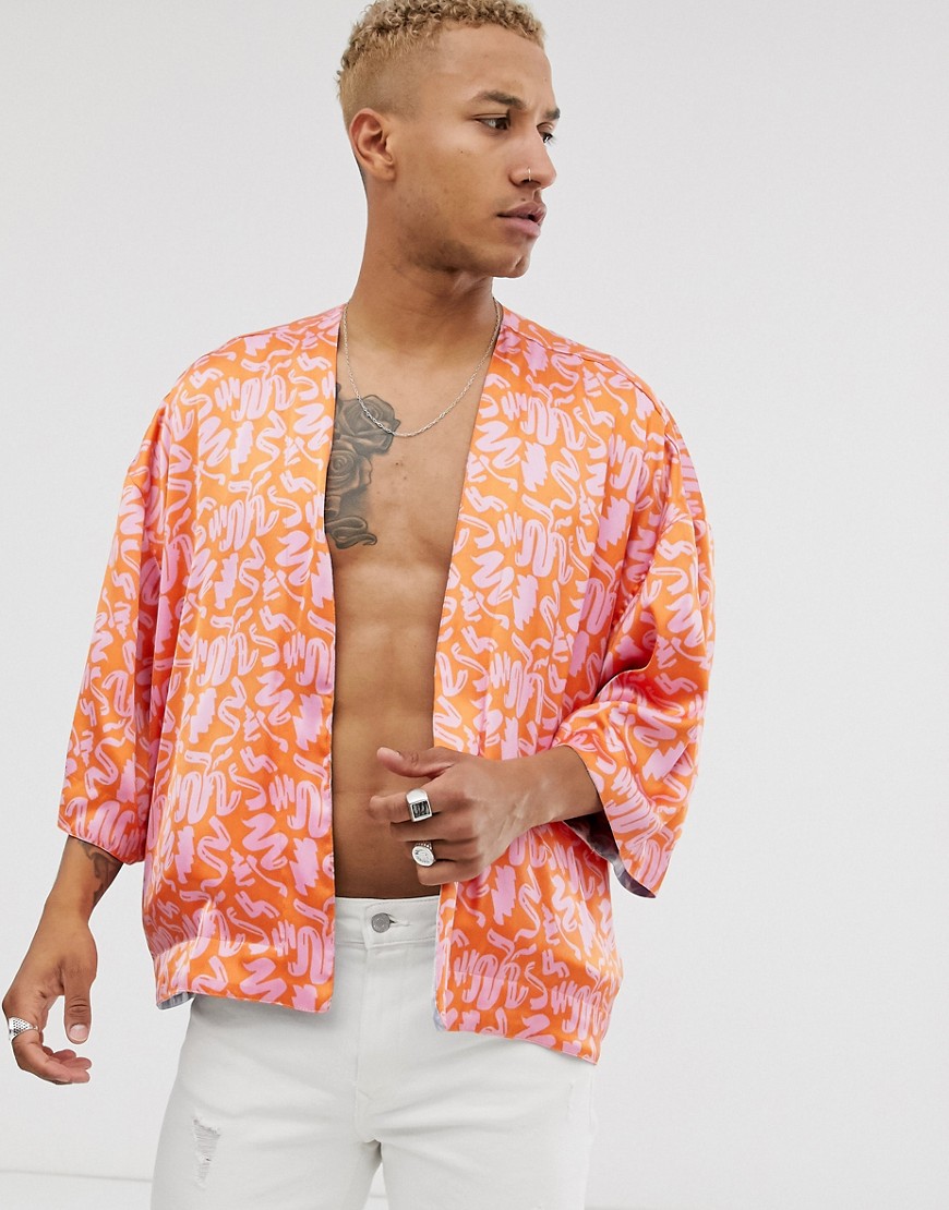ASOS DESIGN reversible kimono in colour pattern-Orange