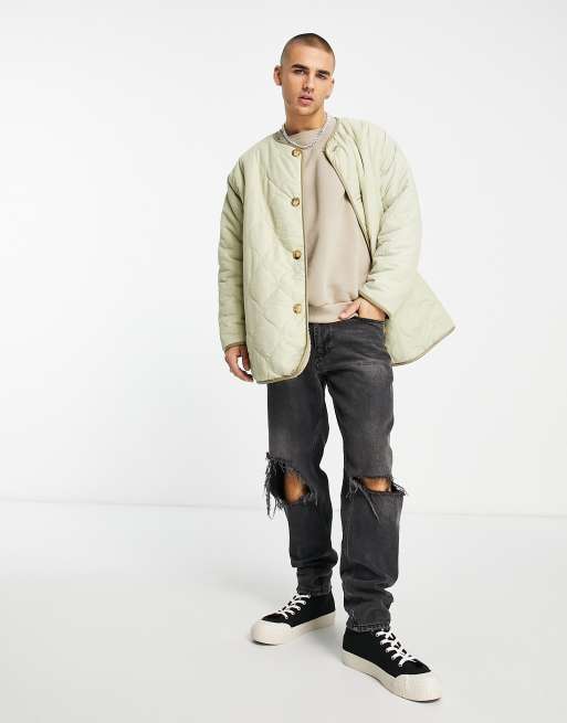 ASOS DESIGN reversible quilted bomber jacket in khaki and cream