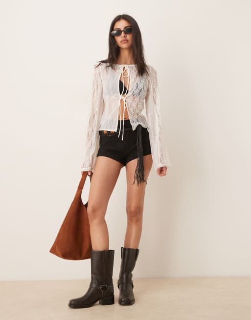 ASOS DESIGN mixed lace flared sleeve tie detail top in ivory