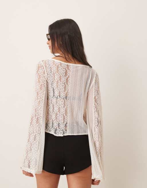 ASOS DESIGN mixed lace flared sleeve tie detail top in ivory