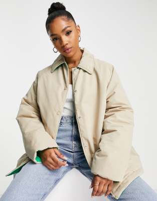 ASOS DESIGN reversible quilt lined jacket in stone and green-Brown