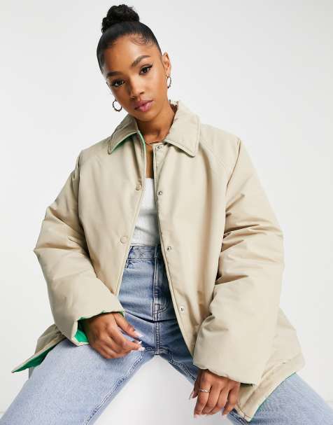 ASOS DESIGN reversible quilt lined jacket in stone and green - view 1
