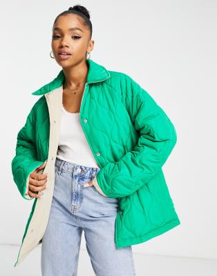 Asos Design Reversible Quilt Lined Jacket In Stone And Green-brown
