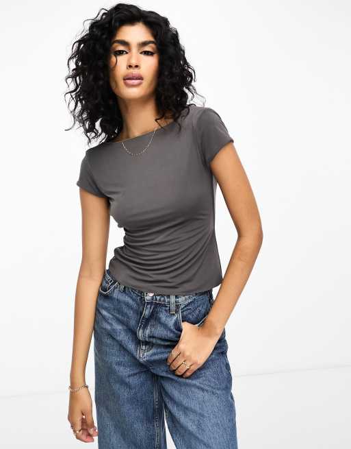 ASOS DESIGN reversible slash neck open back top in khaki and slate grey |  ASOS