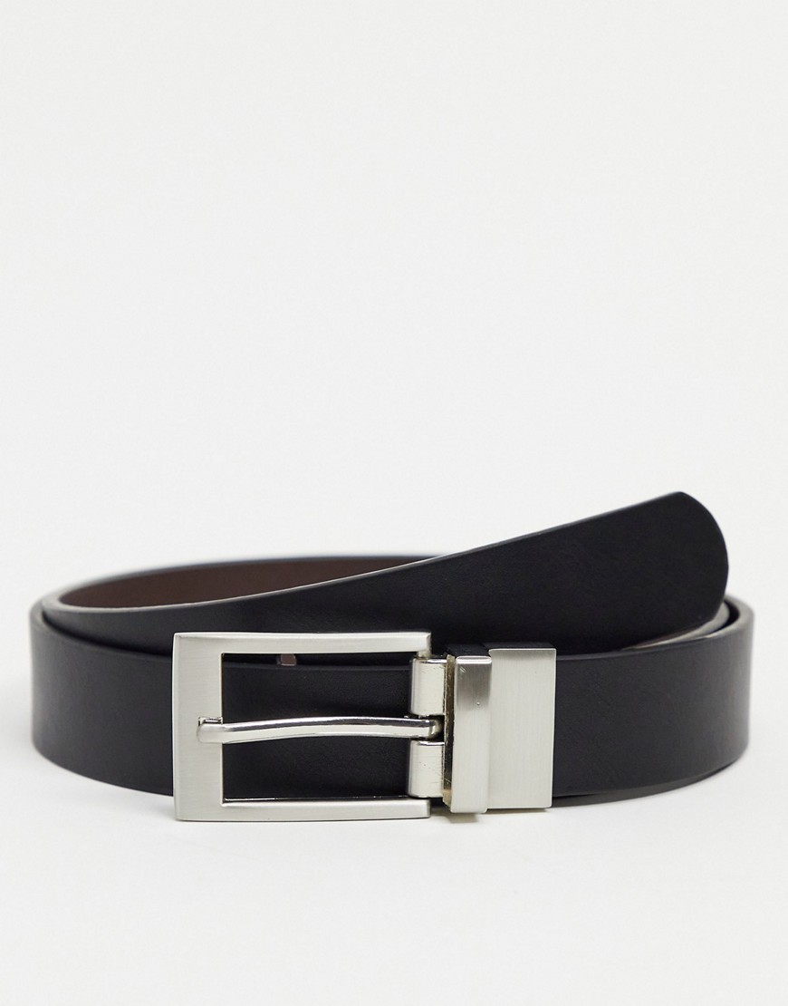 ASOS DESIGN reversible slim belt in brown and black faux leather with silver buckle-Multi