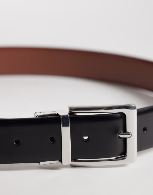 ASOS DESIGN reversible smart leather belt with silver buckle in black and tan, 3 of 3