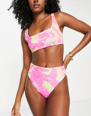 ASOS DESIGN reversible square neck crop bikini top in pink and bold abstract print  - ASOS Price Checker