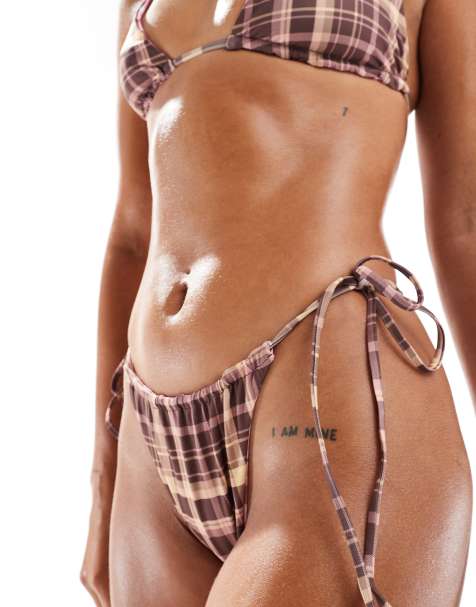 ASOS DESIGN reversible tie side bikini top and bottom co-ord in brown and pink check - view 1