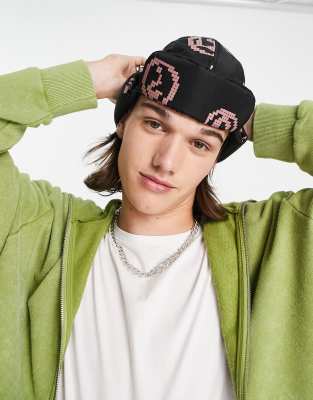 ASOS DESIGN reversible trapper hat with pink print in black-Multi