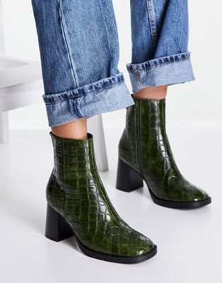 ASOS DESIGN Revival round toe block heeled boots in green
