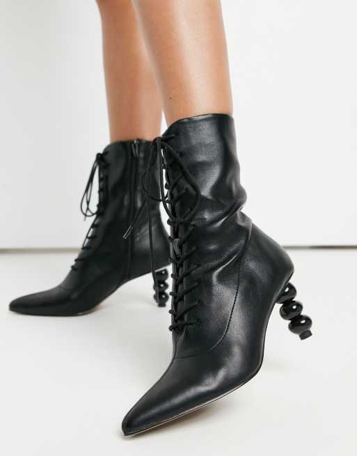 pointed lace up heeled boots