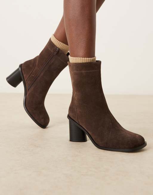 ASOS DESIGN Rex suede round toe ankle boots with studs in chocolate