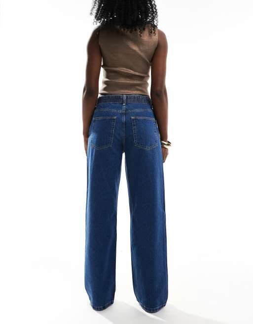ASOS DESIGN rhinestone baggy jeans in gold and dark blue, 2 of 5