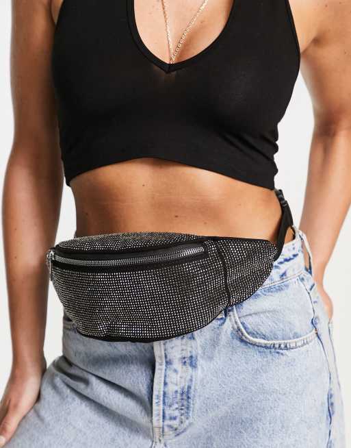 ASOS DESIGN rhinestone fanny pack in black