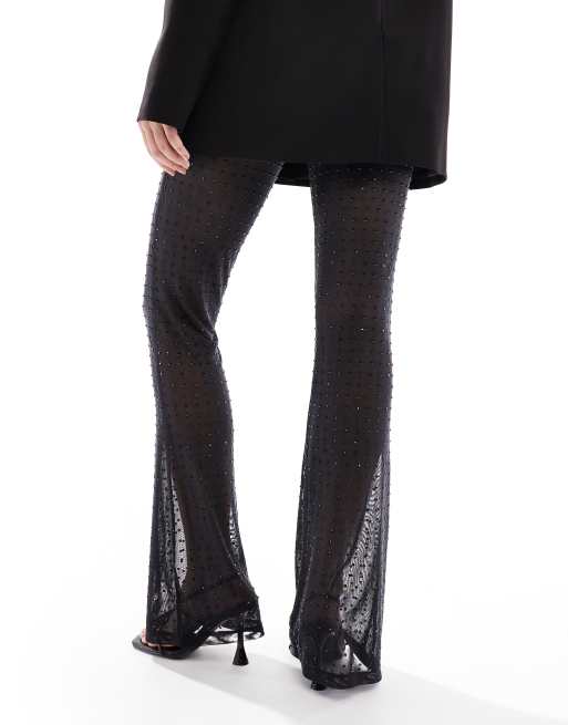 ASOS DESIGN rhinestone sheer mesh flare pants in black ASOS