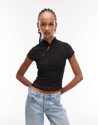 Asos Design Rhinestone Sheer Mesh Top With Rouleau Loop Button Detailing In Black
