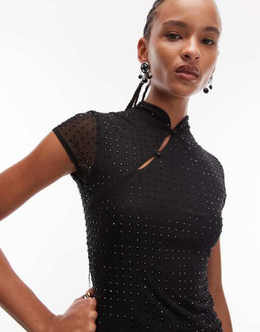 ASOS DESIGN rhinestone sheer mesh top with rouleau loop button detailing in black - part of a set