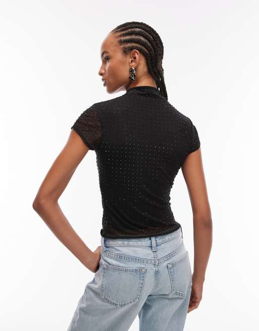 ASOS DESIGN rhinestone sheer mesh top with rouleau loop button