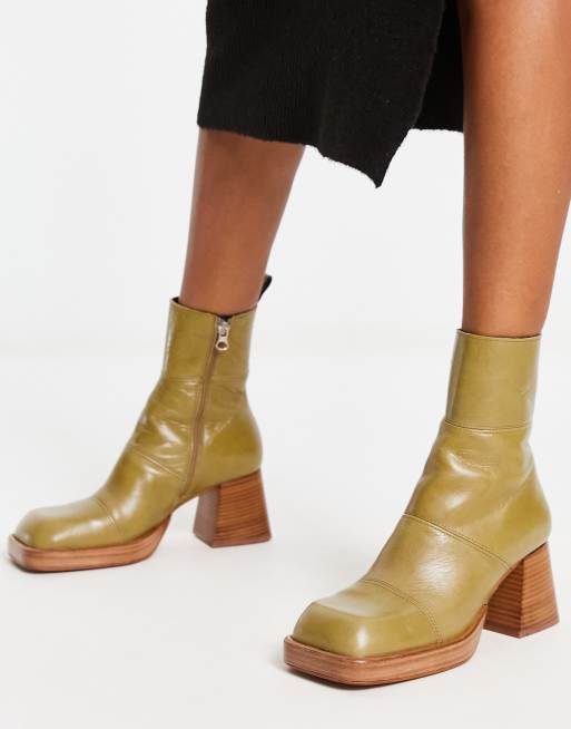 ASOS DESIGN – Rhodes – Khakigröna ankelboots i premiumläder med platåsula