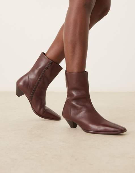 ASOS DESIGN Rhodes leather chisel toe heeled ankle boots in burgundy - view 1