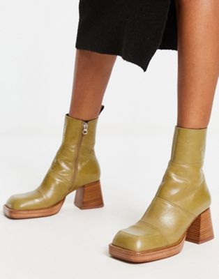 ASOS DESIGN Rhodes premium leather platform ankle boots in khaki