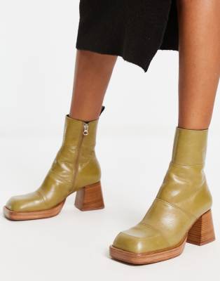 ASOS DESIGN Rhodes premium leather platform ankle boots in khaki-Green