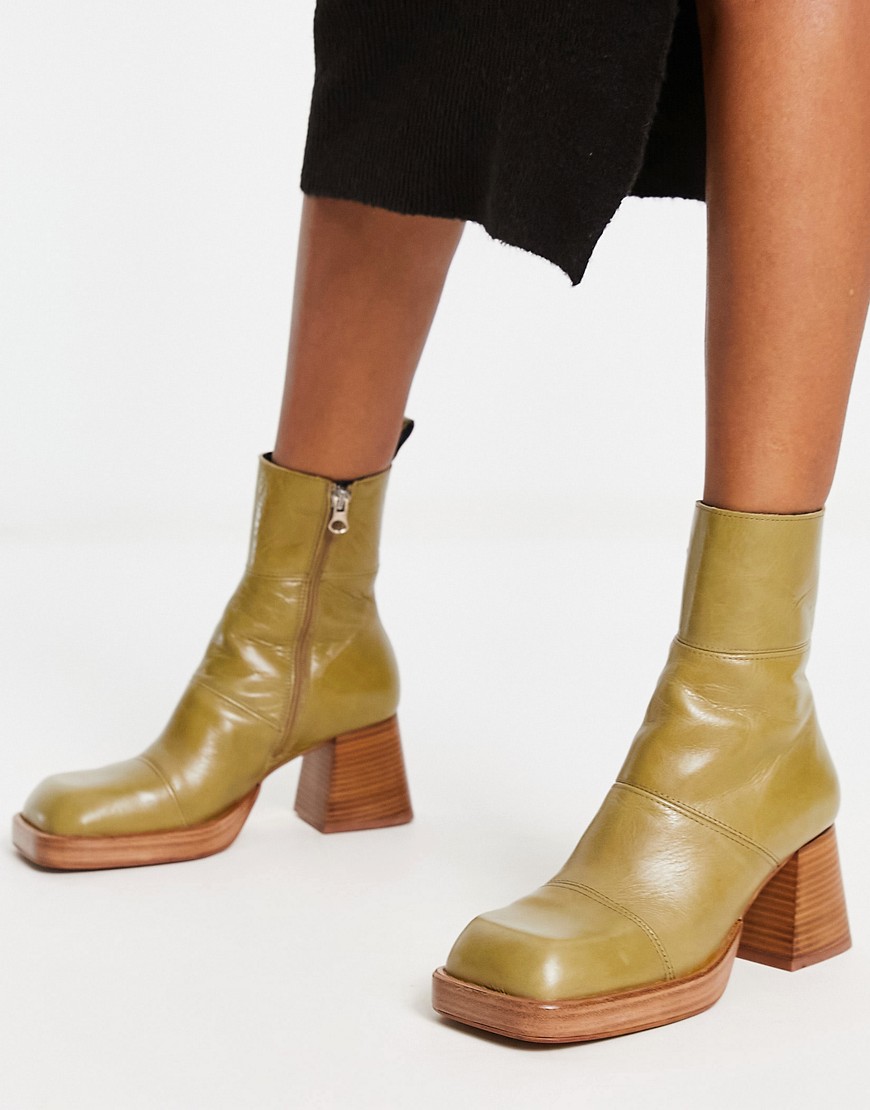 Rhodes premium leather platform ankle boots in khaki-Green