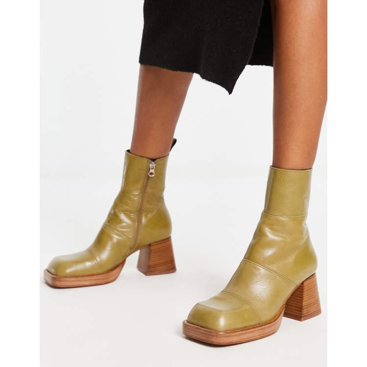 ASOS DESIGN Rhodes premium leather platform ankle boots in khaki