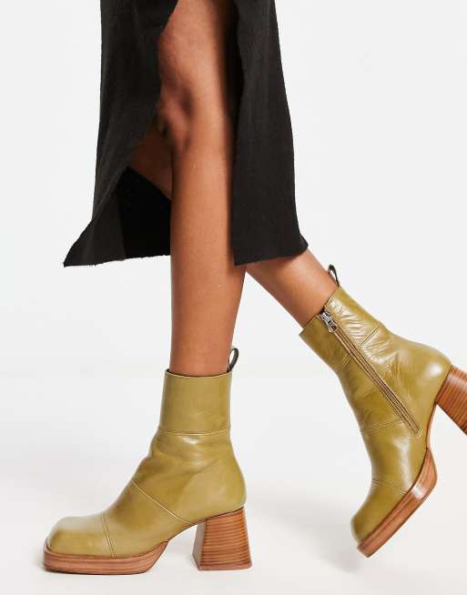 ASOS DESIGN Rhodes premium leather platform ankle boots in khaki