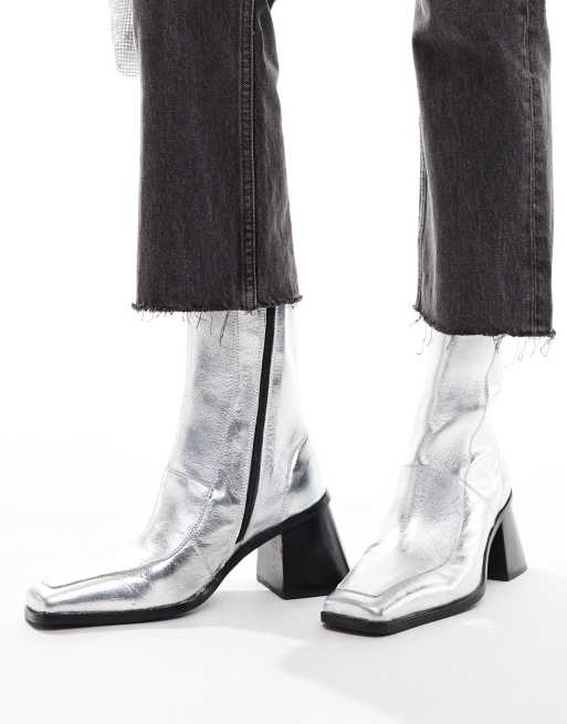 ASOS DESIGN Ria mid-heel leather boots in silver, 3 of 4