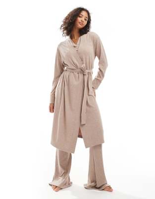 ASOS DESIGN rib and velvet trim robe in light brown