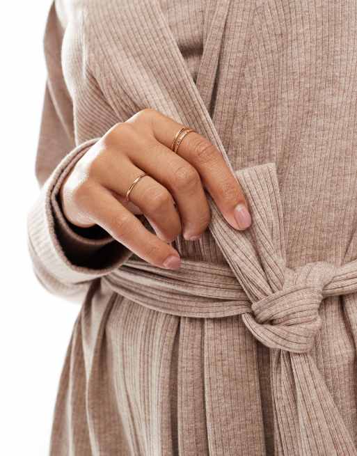 ASOS DESIGN rib and velvet trim robe in light brown | ASOS