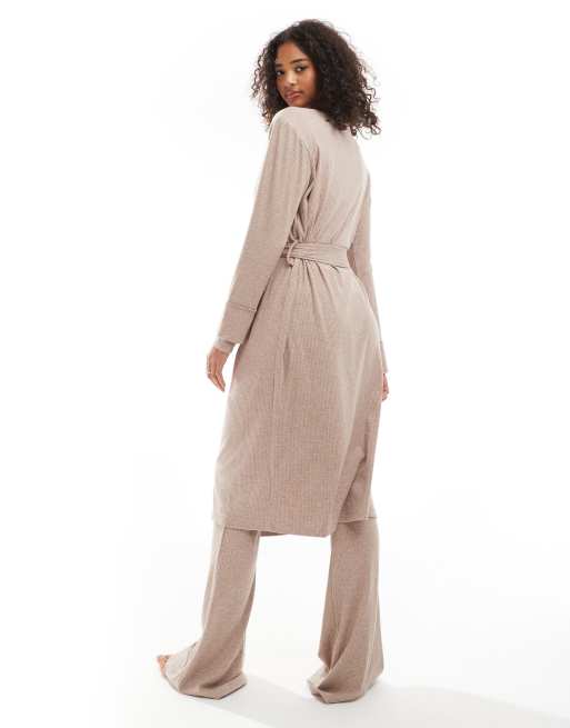 princess polly baby blue dress ASOS DESIGN rib and velvet trim robe in light brown
