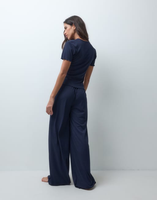 ASOS DESIGN rib baby tee & pant pyjama set with red heart buttons in navy, 2 of 5