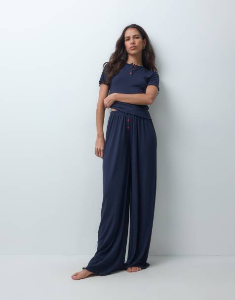 ASOS DESIGN rib baby tee & trouser pyjama set with red heart buttons in navy - view 1