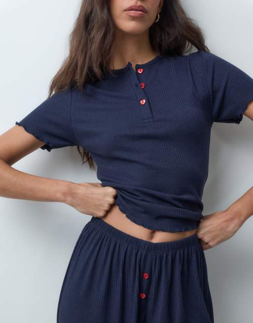 ASOS DESIGN rib baby tee & trouser pyjama set with red heart buttons in navy, 3 of 5