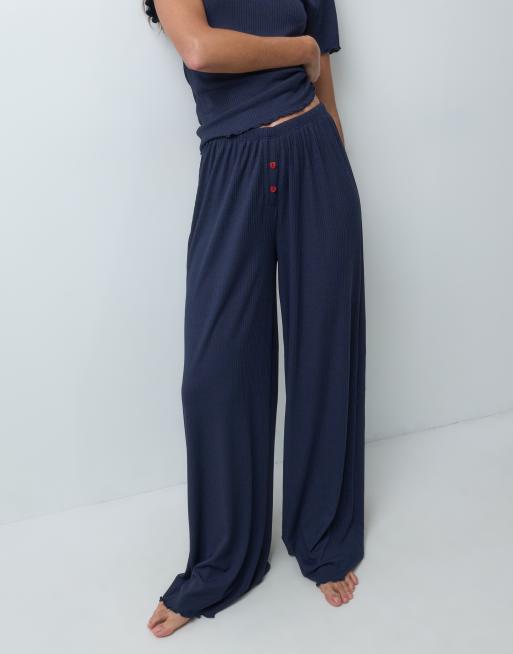 ASOS DESIGN rib baby tee & trouser pyjama set with red heart buttons in navy, 4 of 5