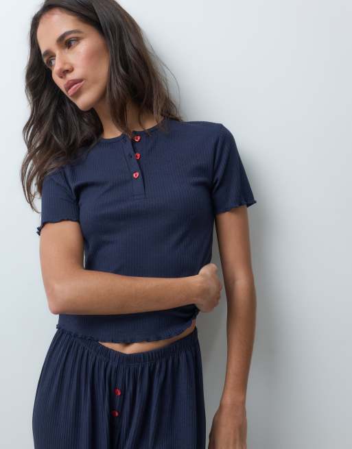 ASOS DESIGN rib baby tee & trouser pyjama set with red heart buttons in navy, 5 of 5