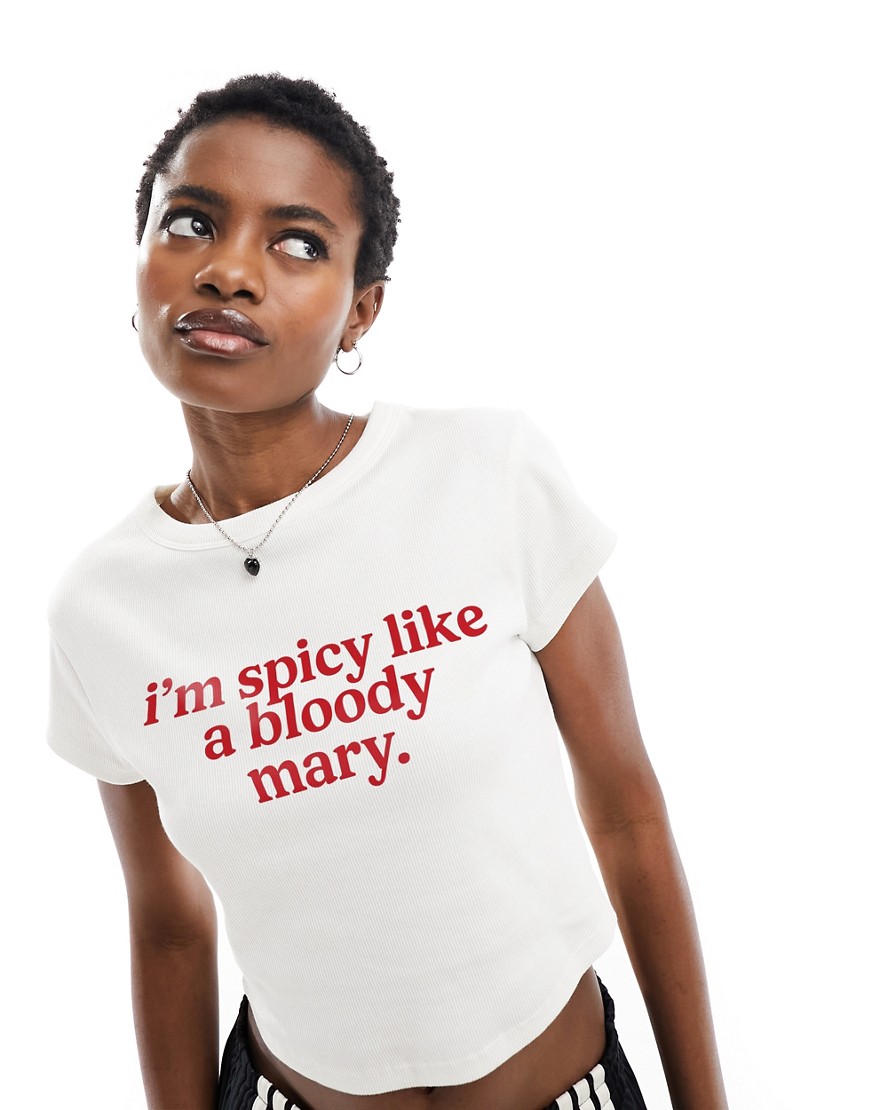 ASOS DESIGN rib baby tee with bloody mary slogan graphic in white
