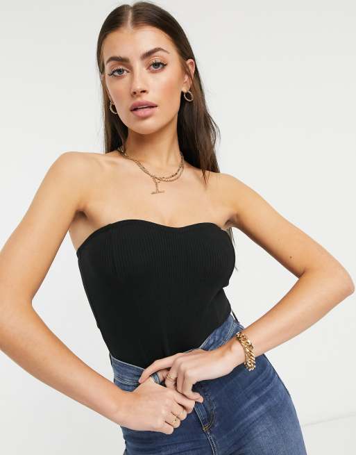 ASOS DESIGN rib bandeau corset bodysuit in black | ASOS