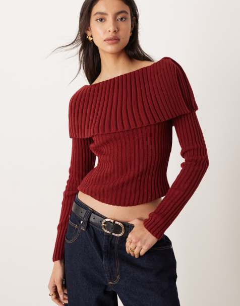 ASOS DESIGN rib bardot jumper in burgundy - view 1