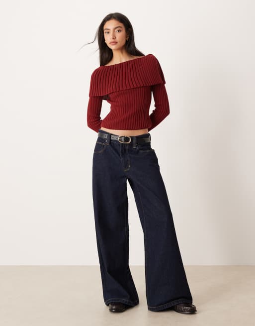 ASOS DESIGN rib bardot sweater in burgundy, 4 of 4
